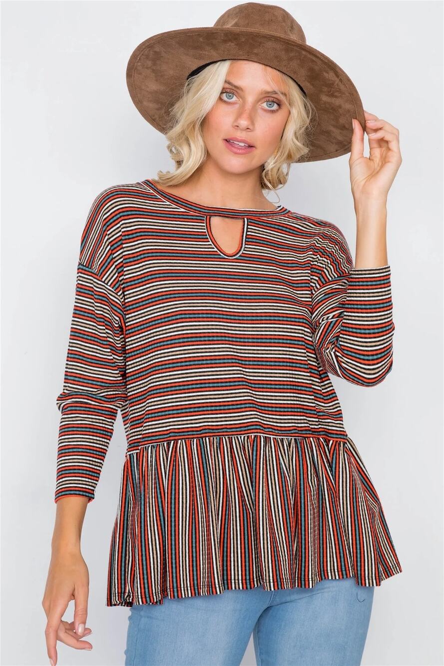 Hummingbird Multi Retro Stripe Front Keyhole Crewneck Peplum Top Size Medium